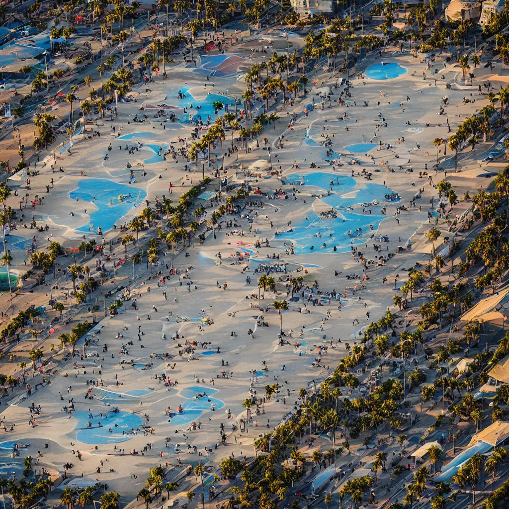 Prompt: “A ariel view photo of the venice beach skate park at sunset, national geographic photo, majestic”