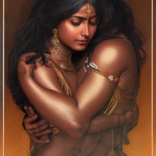 Prompt: portrait painting of dark muscular indian women hugging from behind, ultra realistic, concept art, intricate details, eerie, highly detailed, photorealistic, octane render, 8 k, unreal engine. art by artgerm and greg rutkowski and alphonse mucha