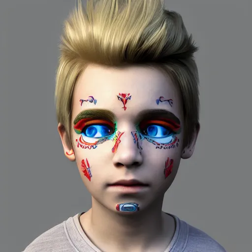 Image similar to detailed unreal engine 5 render of a blonde boy with face tattoos