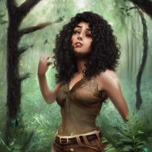 Image similar to A brown girl with black curly hair in a forest, highly detailed, artstation, 8k,