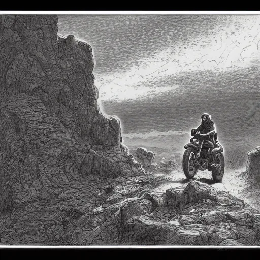 Prompt: Post Apocalyptic scavenger riding a motorcycle in a large desert, Gustave Dore lithography