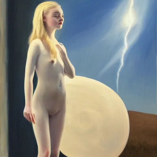 Image similar to Painting of Elle Fanning being abducted by aliens, long blonde hair, delicate, pale milky white porcelain skin, by Edward Hopper. 8K. Extremely detailed.