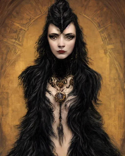 Image similar to a portrait of black shadow nightmare human monster, covered in long fur, long black velvet gown, gold necklaces, illustration, dramatic lighting, soft details, painting oil on canvas, art nouveau, octane render, HDR, 4k, 8k, HD, by Edmund Blair Leighton, Brom, Charlie Bowater, trending on artstation, Tom Bagshaw, faces by otto Schmidt