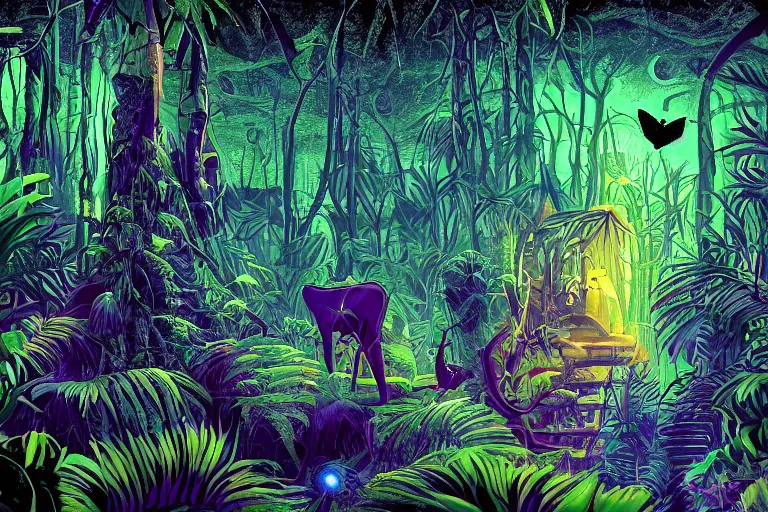 Image similar to high contrast digital art of a surreal dark jungle, mysterious crazy world, talking creatures, night, fireflies, surreal colors