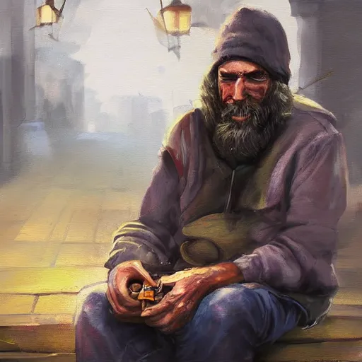Prompt: homeless man gaming on a PC, expressive oil painting, digital art, matte art, gaming pc