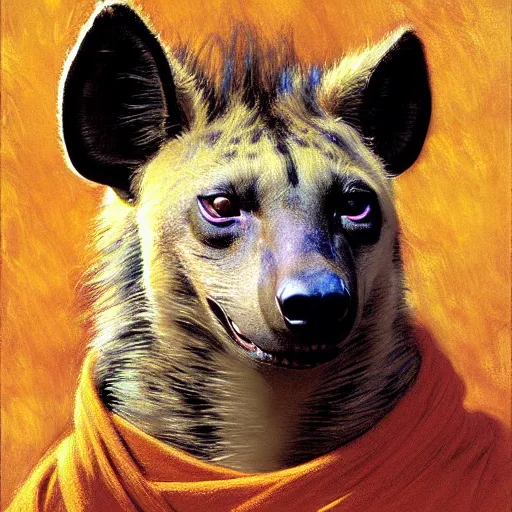 Prompt: a portrait of a hyena hyenaman canine in wizard robes. cinematic zootopia fursona furaffinity furry art detailed face painting by gaston bussiere craig mullins jc leyendecker gustav klimt artgerm greg rutkowski furry