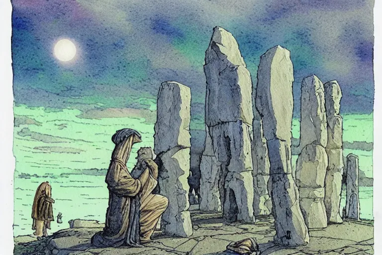 Image similar to a realistic and atmospheric watercolour fantasy concept art of a ufo landing in a floating stonehenge. one dirty medieval monk in grey robes is on his knees praying to the ufo. muted colors. by rebecca guay, michael kaluta, charles vess and jean moebius giraud