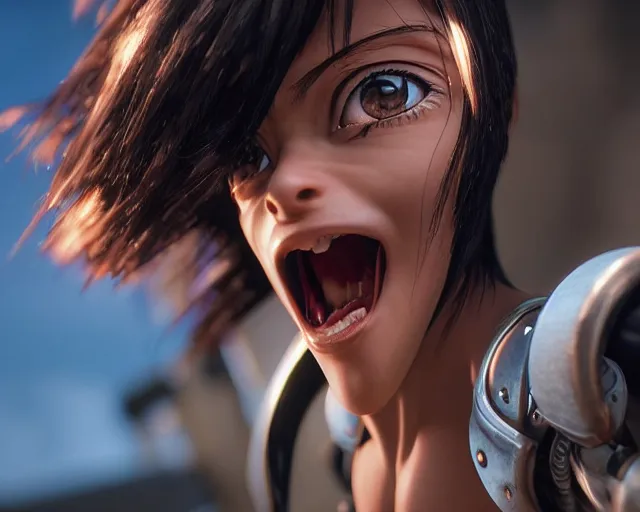 Image similar to battle angel alita, mouth open, 3 5 mm, photorealistic, lifelike, octane engine, cinematic lighting, high detail, high resolution