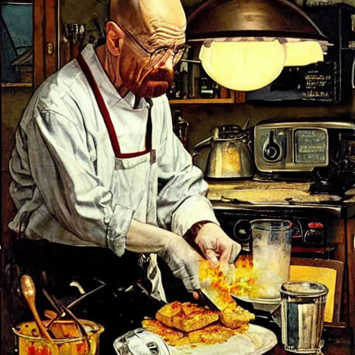 Image similar to Walter white cooking, Norman Rockwell