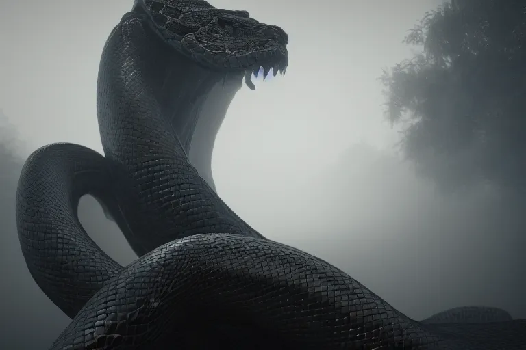 Image similar to amplified ritual engine, closeup portrait of colossal monster snake shrouded in fog, dramatic lighting, unreal engine, cgsociety, artstation, 4k