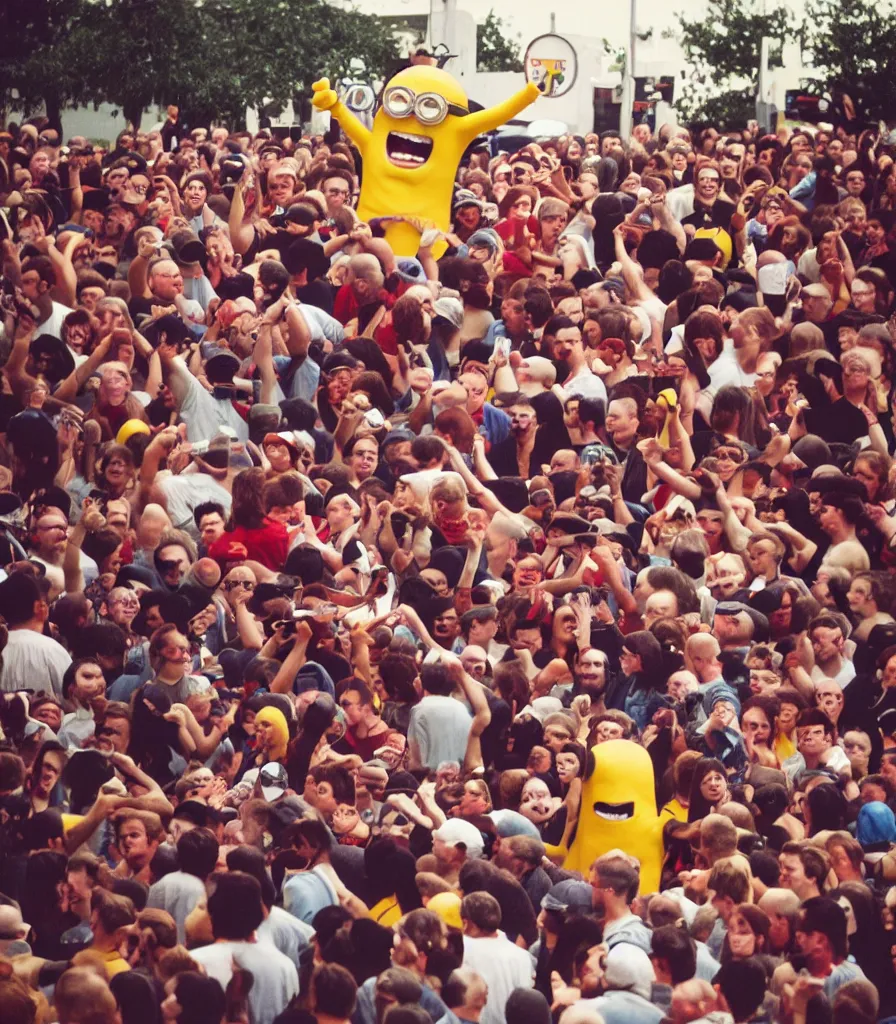 Prompt: one minion surrounded by an angry crowd of humans. the minion is bleeding red blood. a large wooden cross is in the background. kodak gold 2 0 0,