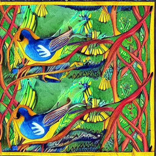 Prompt: A beautiful experimental art of a bird in its natural habitat. The bird is shown in great detail, with its colorful plumage and intricate patterns. The background is a simple but detailed landscape, with trees, bushes, and a river. Labyrinth Pan's by ROA, by Roman Vishniac doom