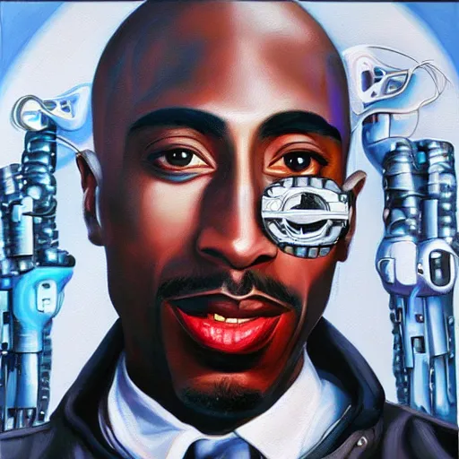 Prompt: a realistic oil painting of tupac shakur as a cybernetic cyborg, surrealism portrait, surrealism album cover