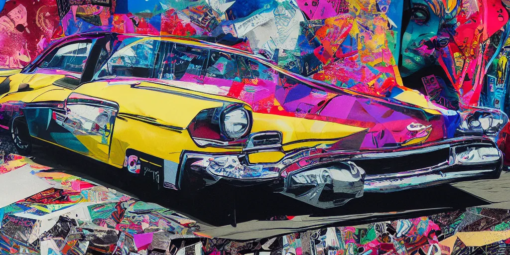 Prompt: lowrider, collage paper and tape, acrylic on canvas, hyperrealism mixed with expressionism, high resolution, cinematic, unreal 6 breathtaking detailed, by blake neubert