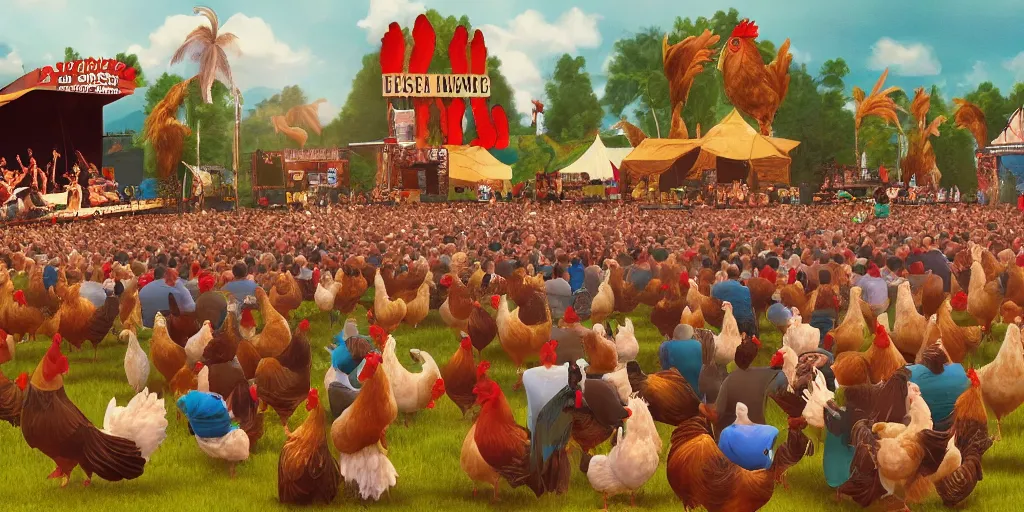 Prompt: large music festival with chicken as audience and rooster band playing guitars on the stage. artstation.