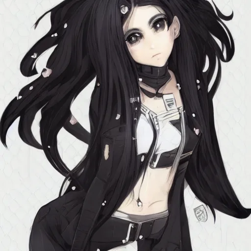 Image similar to upper body portrait of a beautiful girl with long black hair, wearing black riot gear, holding AR-15, drawn by WLOP, by Avetetsuya Studios, attractive character, colored sketch anime manga panel, trending on Artstation