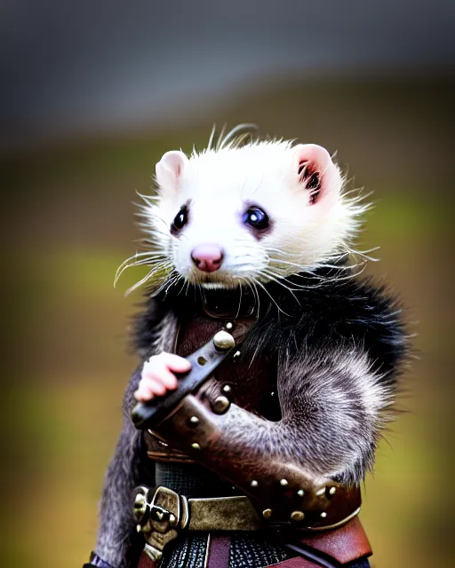 Image similar to ferret warrior, furry, fantasy, viking, high detailed, photography, cloudy, lightweight leather armour, scandinavia, plain, detailed face, look into the distance, serious face, full body, in full growth, professional photographer, masterpiece, 5 0 mm, extremely detailed, 8 k