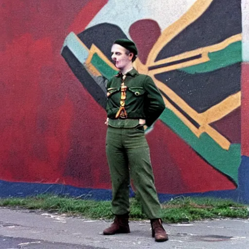 Image similar to irish republican army soldier posing next to a mural in belfast in the 1 9 7 0 s, 8 k detail