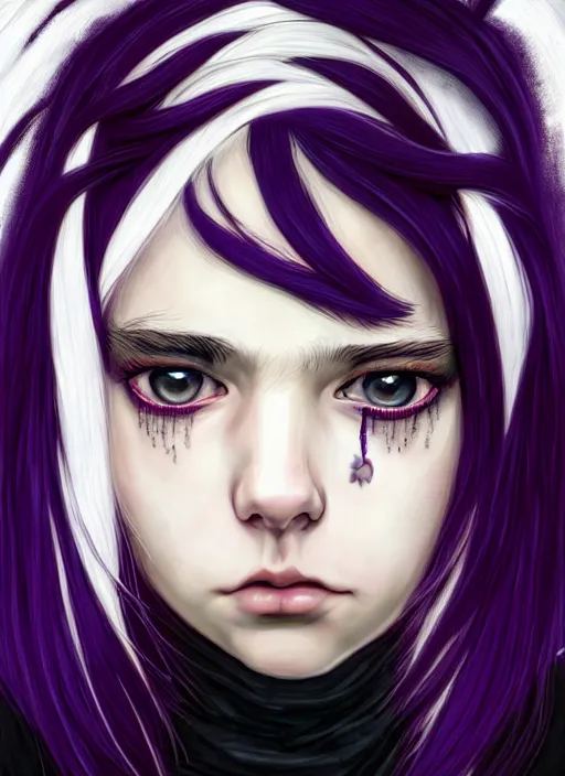 Image similar to portrait of white teenage girl named shrill prisston, normal face, black bangs, mall goth, cyberlox, black hair white bangs, fluffy bangs, red irises, purple hairband, intricate, elegant, highly detailed, digital painting, artstation, concept art, sharp focus, smooth, illustration, art by wlop, mars ravelo and greg rutkowski