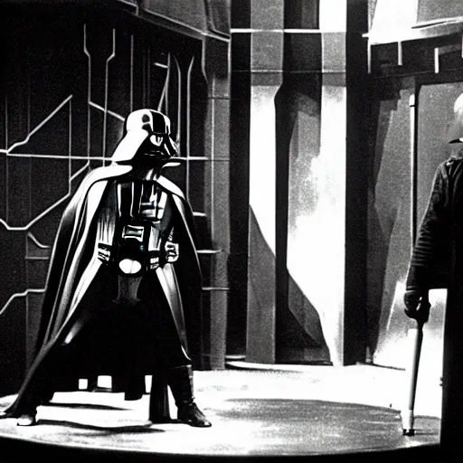 Prompt: Fight between Luke and Darth Vader in the silent movie version of Star Wars (1921) by Fritz Lang, in front of a set reminiscent of Metropolis