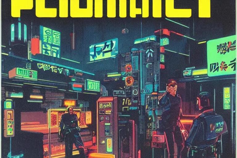 Image similar to 1979 OMNI Magazine Cover of a police stopping a downtown convenience store robbery in neo-Tokyo in cyberpunk style by Vincent Di Fate