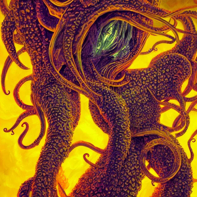 Prompt: angelic alien cthulhu mythos covered in eyes tentacles and golden light, oil painting award winning, chromatic aberration sharp colors