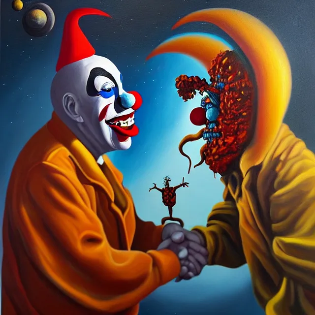 Prompt: an oil on canvas portrait painting of a clown meeting a demon, polycount, surrealism, surrealist, cosmic horror, high detail