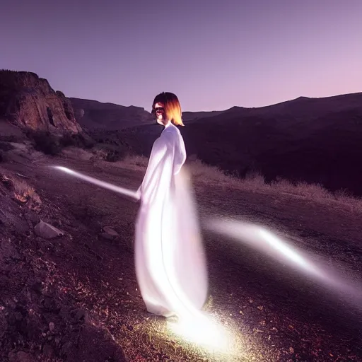 Prompt: photo, a woman in a giant flowing glowing illuminated white dress with an incredibly long train, standing inside a dark western rocky scenic landscape, volumetric lighting