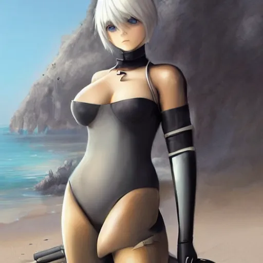 Image similar to pencil drawing of 2 b nier automata wearing a latex suit in a beach, beautiful piercing eyes, hyper realistic face, in the style of greg rutkowski, fantasy, amazing detail, epic, elegant, smooth