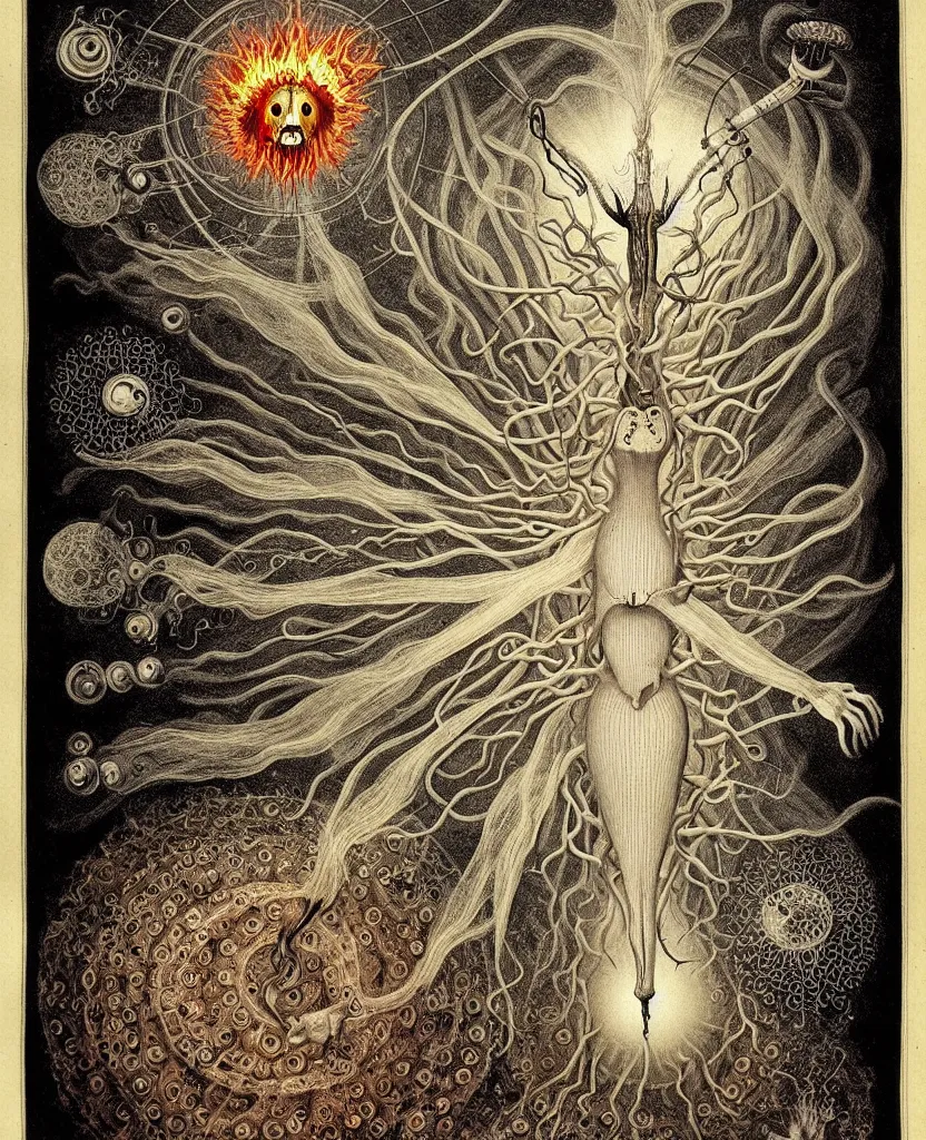 Image similar to whimsical freaky creature sings a unique canto about'as above so below'being ignited by the spirit of haeckel and robert fludd, breakthrough is iminent, glory be to the magic within, painted by ronny khalil