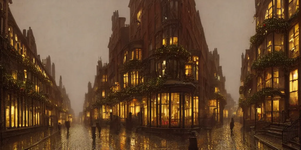 Prompt: Victorian city street with balconies and plants on a Christmas winter in London, evening, low angle view, detailed matte painting, cinematic, John Atkinson Grimshaw, Artstation