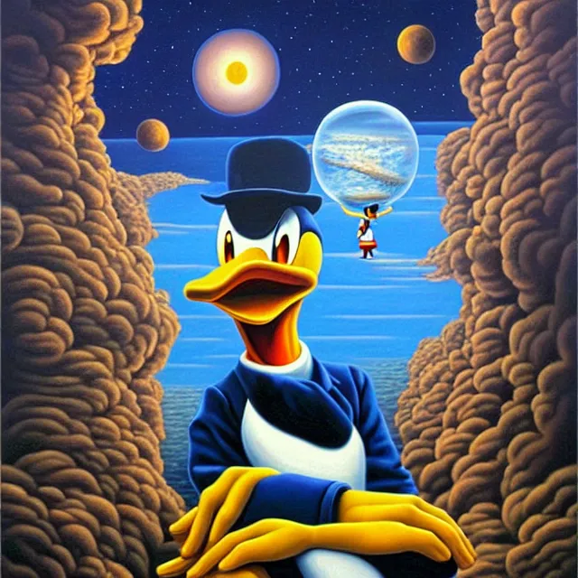 Image similar to an oil on canvas portrait painting of donald duck, surrealism, surrealist, cosmic horror, rob gonsalves, high detail