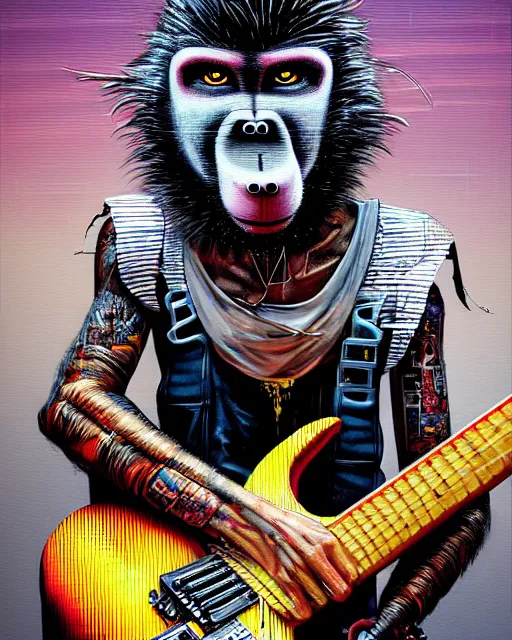 Image similar to a portrait of an anthropomorphic cyberpunk baboon shredding an electric guitar by sandra chevrier, by jon foster, detailed render, tape deck, epic composition, cybernetics, 4 k realistic, cryengine, realistic shaded lighting, sharp focus, masterpiece, by enki bilal