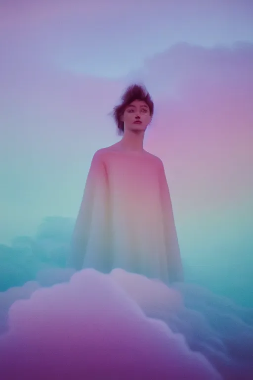 Image similar to high quality pastel coloured film close up wide angle photograph of a model wearing clothing swimming on cloud furniture in a icelandic black rock!! environment in a partially haze filled dreamstate world. three point light, rainbow. photographic production. art directed. pastel colours. volumetric clouds. pastel gradient overlay. waves glitch artefacts. extreme facial clarity. 8 k. filmic.