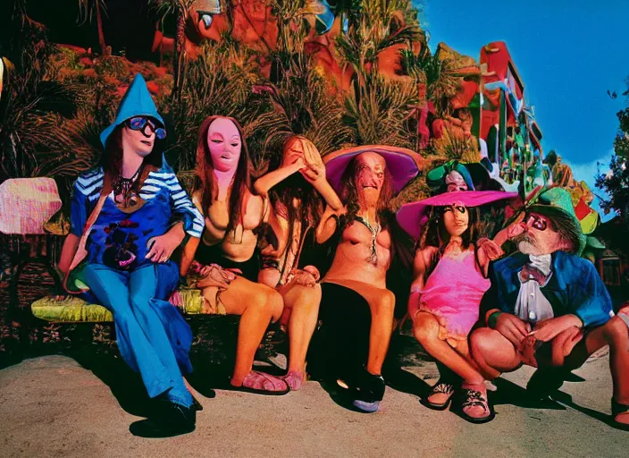 Prompt: dramatic color photo of dadcore occult wizards and momcore witches on vacation in ibiza by basil wolverton by robert crumb by william eggleston by annie leibovitz by chet zar, detailed and creepy, fujifilm velvia 5 0, color photography, sigma 2 8 mm
