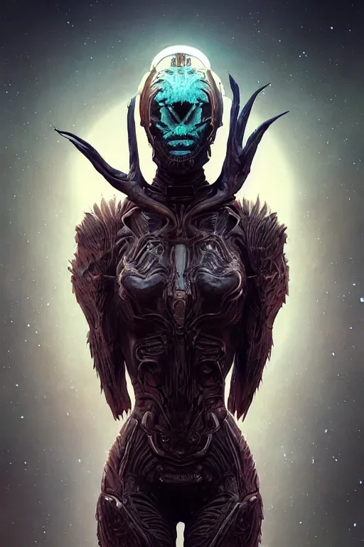 Image similar to beautiful female fused with deadite and the thing is a space hunter, legendary epic pose, ornate alien helmet, retro-futuristic, portrait, photo, intricate details, vicious appearance, by vincent di fate, artgerm, julie bell, beeple and Greg Rutkowski, 90s, concept, Smooth gradients, octane render, 8k, High contrast, duo tone, depth of field, very coherent symmetrical artwork