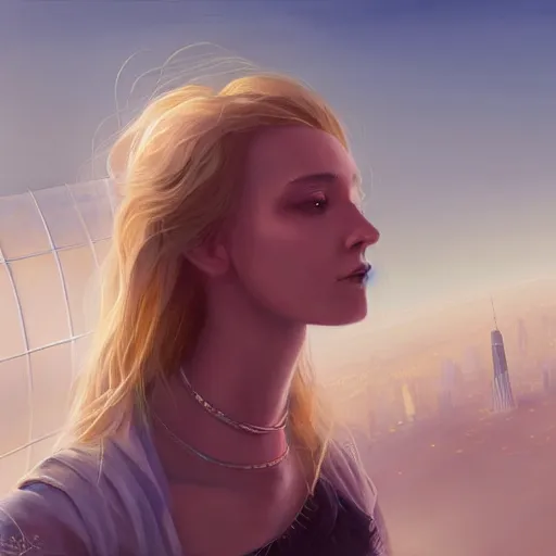 Image similar to a beautiful giant woman over a city, blonde, long hair, by mandy jurgens