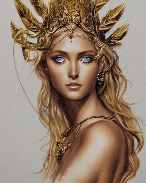 Image similar to tattoo design sketch of hot blonde super model as aphrodite greek goddess wearing a gold laurel wreath and triangle earrings, beautiful piercing gaze with sharp pupils, in the style of greg rutkowski, fantasy, amazing detail, epic, elegant, smooth, sharp focus, front view