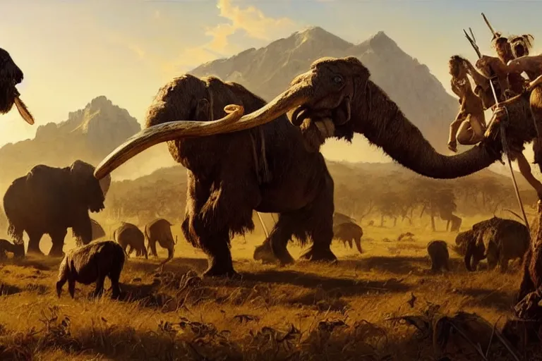 Image similar to epic scene of prehistoric hunter gatherers hunting a wooly mammoth with spears, autumn season, clear and beautiful sunny weather, sharp focus, epic feels, high details, oil painting by greg rutkowski and craig mullins, frank frazetta, 8 k