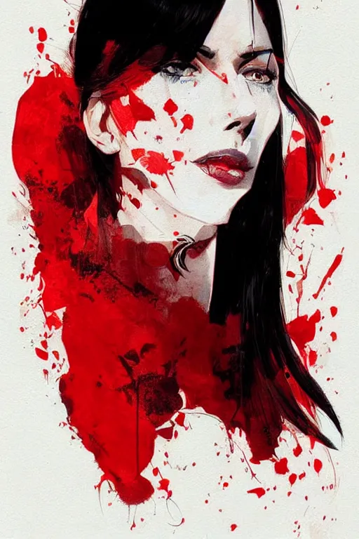 Image similar to a ultradetailed beautiful painting of a stylish female businesswoman, red tattoos, by conrad roset, red and black, greg rutkowski and makoto shinkai trending on artstation