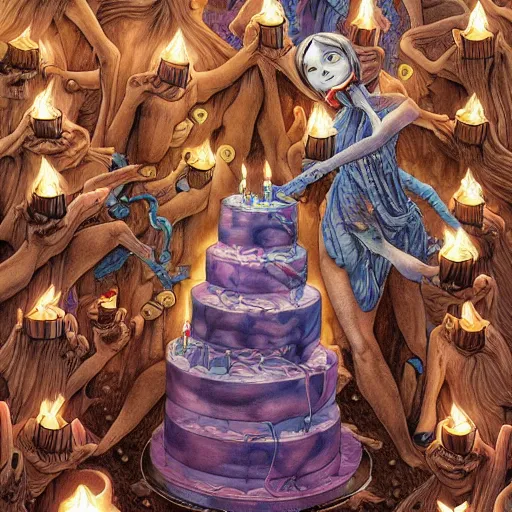 Image similar to epic view of a giant birthday cake with lit candles by junji ito and james jean and esao andrews, cake, candles, 4 k, hyperdetailed, hyperrealistic, trending on artstation, pencil art on paper, horror, dramatic lighting