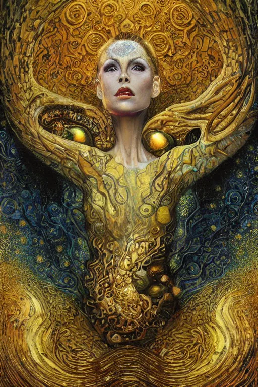 Prompt: Rebirth by Karol Bak, Jean Deville, Gustav Klimt, and Vincent Van Gogh, portrait of a sacred serpent, Surreality, otherworldly, fractal structures, arcane, ornate gilded medieval icon, third eye, spirals