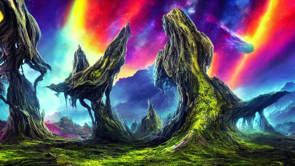 Prompt: an alien landscape view, alien sky, star in the sky, alien waterfall, weird alien trees, alien mountains, epic composition, colorful, 4 k, detailed, realistic