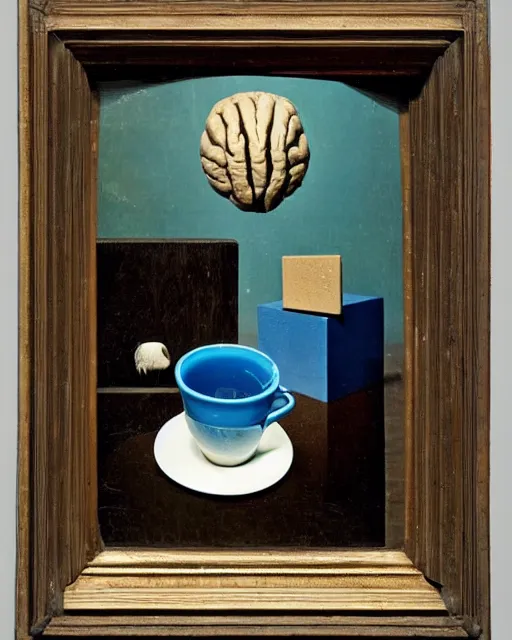 Prompt: joseph cornell's 'brain dipped in cup of coffee', still life, far shot, blue background, vibrant