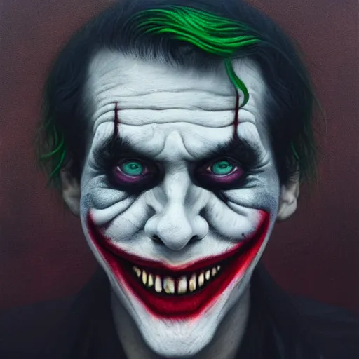 Prompt: portrait of an angry joker by Sean Yoro and Chie Yoshii, dark, moody, foggy, gloomy, high details, washed colors