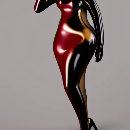 Image similar to a feminine curvy pale hot young goth supermodel wearing an elegant modest tight shiny red-gold-silver-black striped latex high-neck dress, cgsociety, photorealistic, sublime-cool-hyperadvanced-dark-amorous ambience, 16k, smooth, sharp focus, trending on ArtStation, volumetric lighting, fully clothed, thin waist