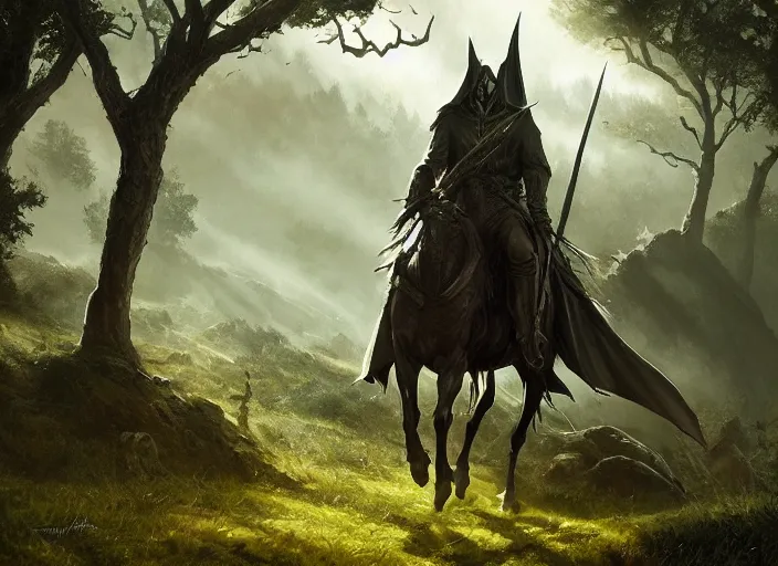 Prompt: nazgul in the shire scenery landscape, lord of the rings, highly detailed, perfect lighting, perfect composition, 4 k, artgerm, derek zabrocki, greg rutkowski