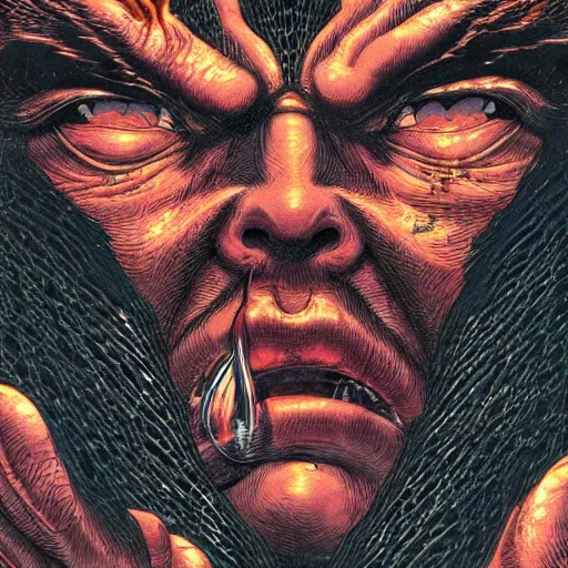 Image similar to closeup of face melting in agony, inside a frame on a tiled wall, frontal picture, by yoichi hatakenaka, masamune shirow, josan gonzales and dan mumford, ayami kojima, takato yamamoto, karol bak