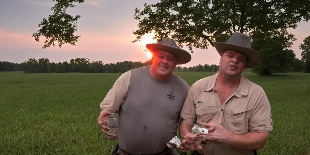 Prompt: - a frogman in a wide hat on an Ohio farm watching the sunset, pleasant, happy, nice