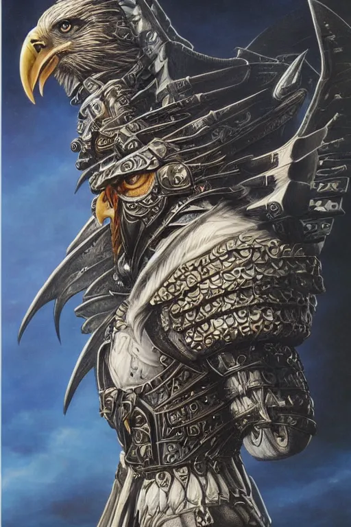 Prompt: sideview waist up portrait of eagle wear baphomet armor made with porcelain by jeff easley and peter elson, beautiful eyes and face, symmetry face, galaxy, gothic, surreal, dread, highly detailed, intricate complexity, epic composition, magical atmosphere, masterpiece, award winning, trending on artstation